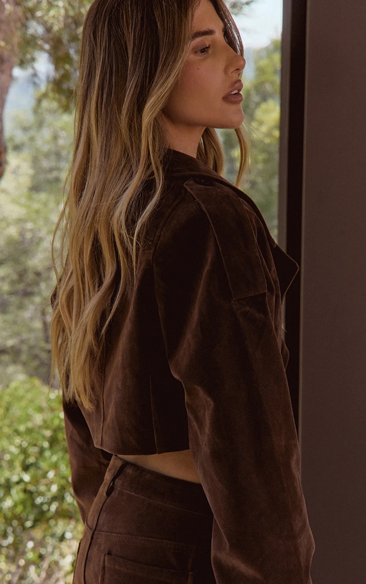 Brown Faux Suede Cropped Trench 2 Brown Faux Suede Cropped Trench - Image 2