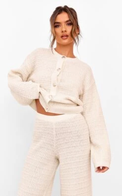 Prettylittlething Cream Boucle Knit Button Up Cardigan
