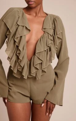 Prettylittlething Olive Frill Detail V Neck Romper -Pretty Little Thing Shop daad43ee832b69e042b541be5d73b769a3ede63d CNO3087 4 olive frill detail v neck playsuit