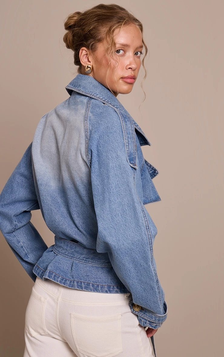 Prettylittlething Mid Blue Wash Belted Cropped Button Detail Denim Trench - Image 2