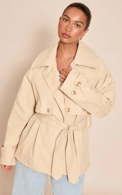 Prettylittlething Stone Cropped Storm Flap Detail Trench