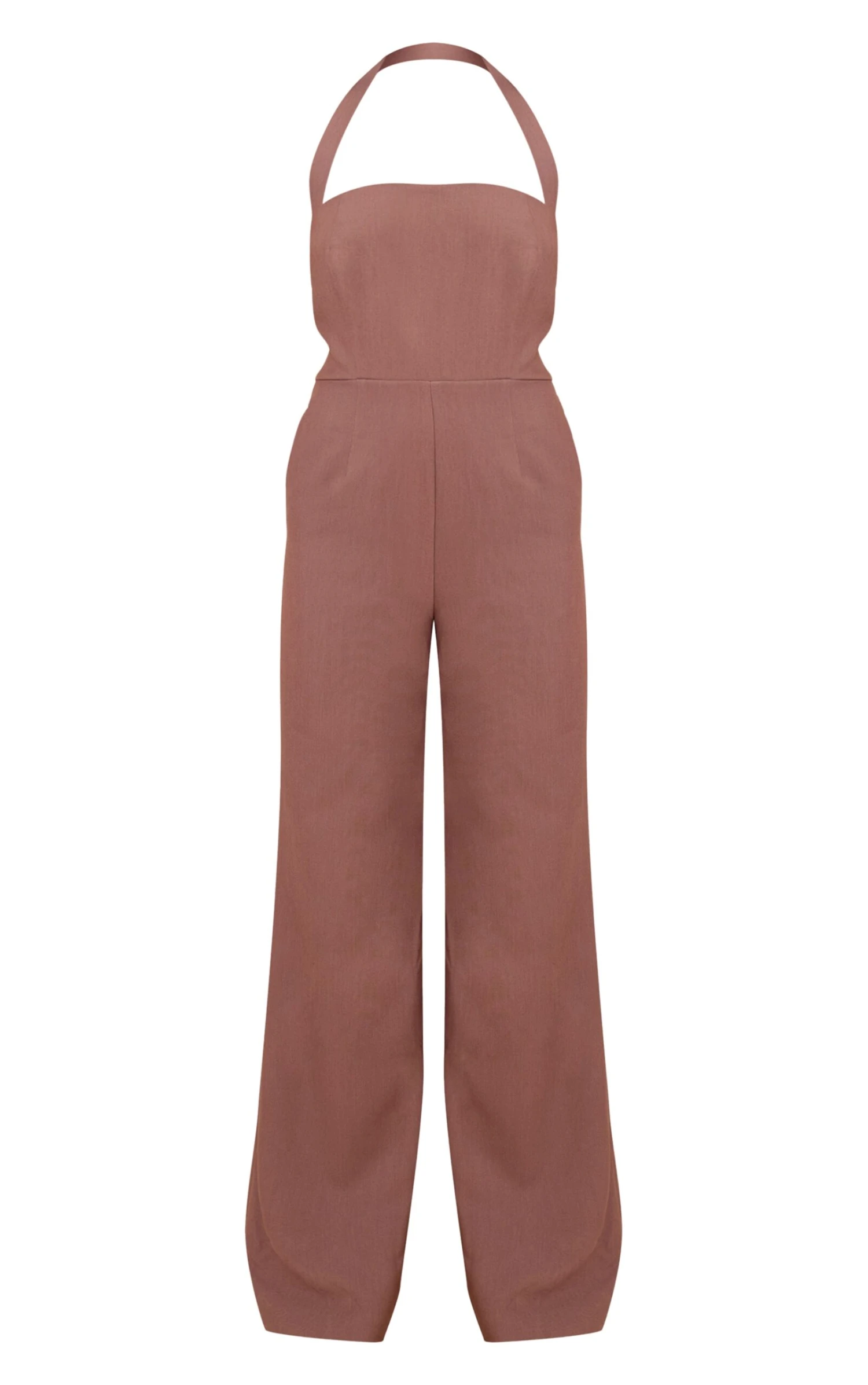 Prettylittlething Chocolate Premium Woven Halter Neck Wide Leg Jumpsuit - Image 5