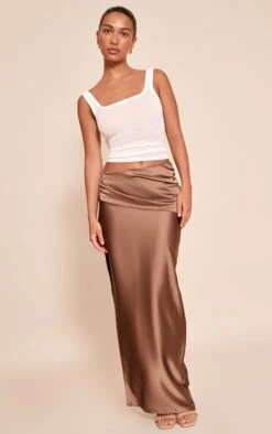 Prettylittlething Chocolate Textured Satin Maxi Skirt