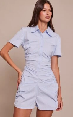Prettylittlething Baby Blue Cotton Poplin Button Up Romper