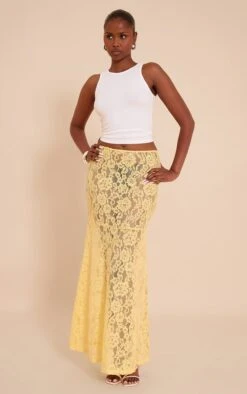 Prettylittlething Lemon Floral Lace Sheer Maxi Skirt