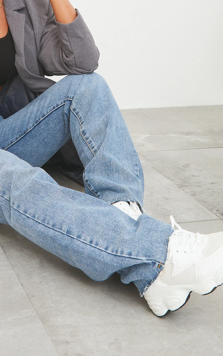 Prettylittlething Mid Blue Wash Long Straight Leg Raw Hem Jeans 4 Prettylittlething Mid Blue Wash Long Straight Leg Raw Hem Jeans - Image 4