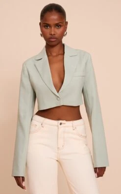 Prettylittlething Sage Cropped Structured Boxy Blazer