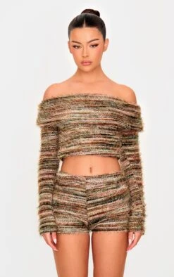 Prettylittlething Multi Fluffy Textured Foldover Bardot Top