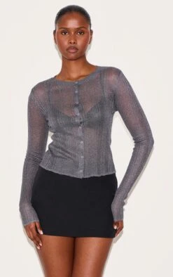 Prettylittlething Charcoal Grey Sheer Knit Cardigan Grey