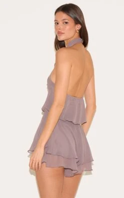 Prettylittlething Taupe Chiffon High Neck Drop Waist Romper -Pretty Little Thing Shop dbe01c55b3f4f768e3143b787a99b9ea65c86041 CNM0431 2 taupe chiffon high neck drop waist playsuit