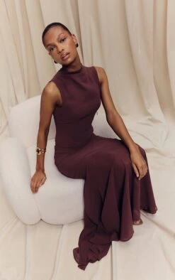 Prettylittlething Dark Plum Chiffon High Neck Cowl Top