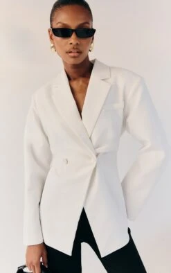 Prettylittlething White Linen Look Tailored Cinched Waist Blazer