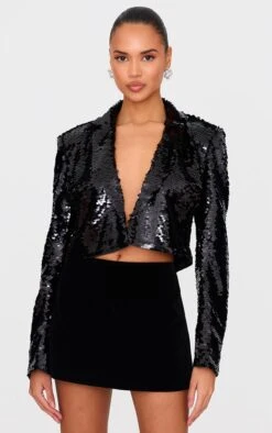 Prettylittlething Black Cropped Sequin Blazer