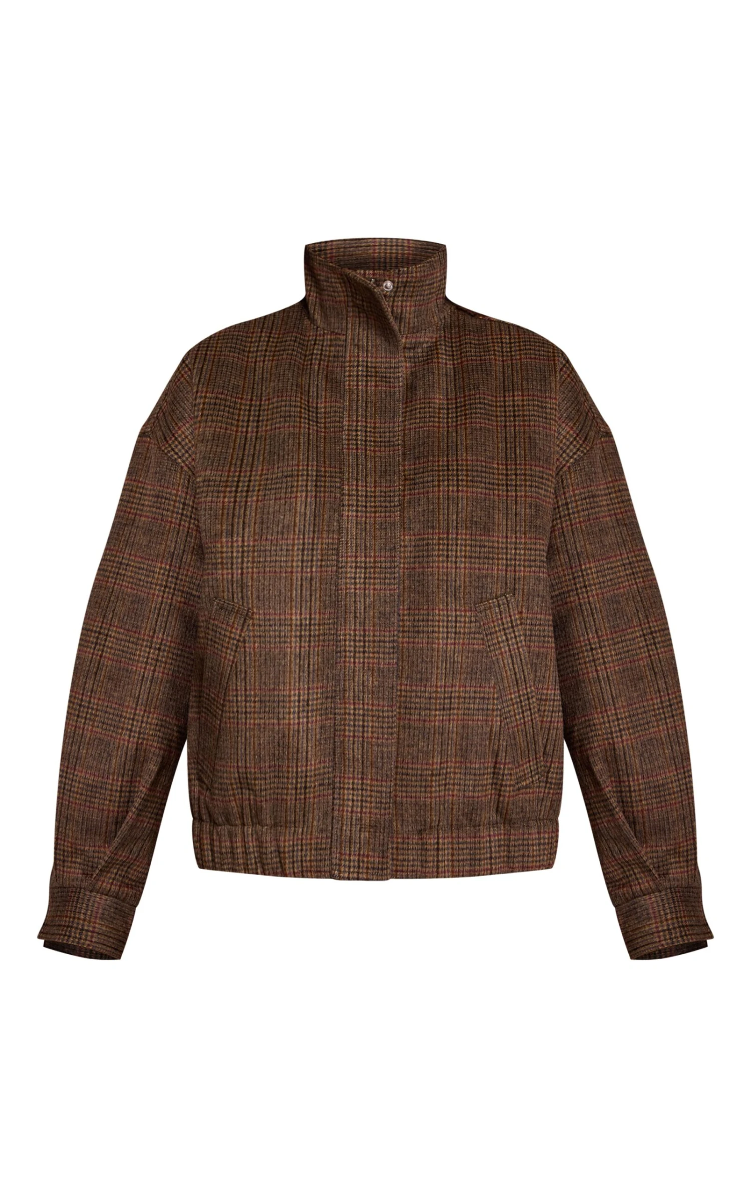 Prettylittlething Brown Checked Funnel Neck Bomber Jacket 5 Prettylittlething Brown Checked Funnel Neck Bomber Jacket - Image 5