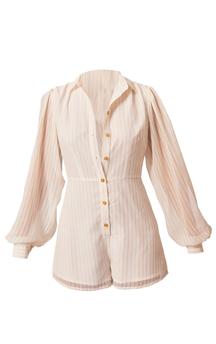 Prettylittlething Stone Stripe Balloon Sleeve Shirt Romper 5 Prettylittlething Stone Stripe Balloon Sleeve Shirt Romper - Image 5