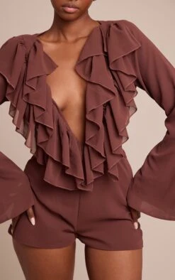 Prettylittlething Chocolate Frill Detail V Neck Romper 8 Prettylittlething Chocolate Frill Detail V Neck Romper -Pretty Little Thing Shop dc6c0681293945d533e892fdd511de5b799959bf CNO3067 4 chocolate frill detail v neck playsuit