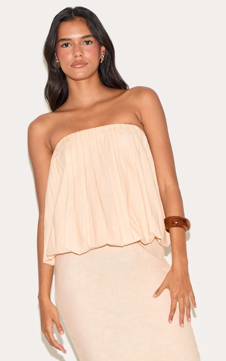 Prettylittlething Natural Linen Look Ruched Longline Bandeau Top 1 Prettylittlething Natural Linen Look Ruched Longline Bandeau Top