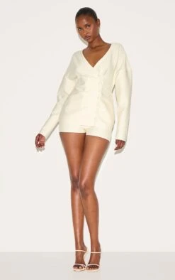 Prettylittlething Cream Bandage Button Up Cardigan Romper -Pretty Little Thing Shop dccaa579f2883ecbd210fb4a2fdd2672556190ff CNM5443 3 cream bandage button up cardigan playsuit