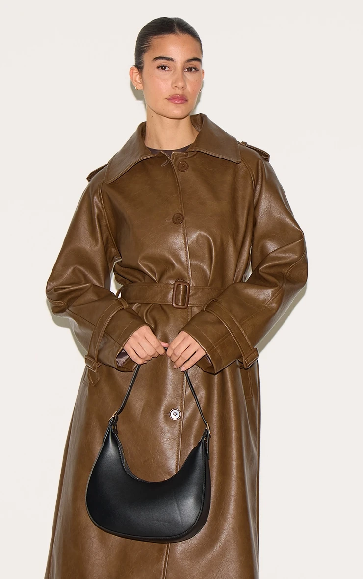 Prettylittlething Chocolate Mid Length Faux Leather Trench Coat 4 Prettylittlething Chocolate Mid Length Faux Leather Trench Coat - Image 4