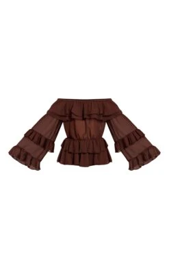 Prettylittlething Chocolate Chiffon Tiered Ruffle Bardot Top -Pretty Little Thing Shop dd40140e29a835099a9ddb9dc909119ddca010f4 CNN6802 5 chocolate chiffon tiered ruffle bardot top