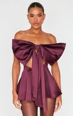 Prettylittlething Burgundy Satin Oversized Bow Bandeau Romper