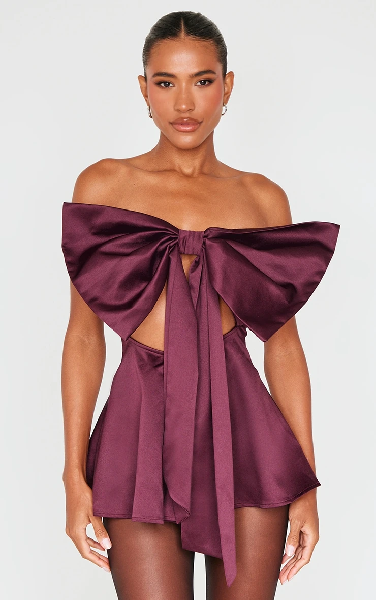 Prettylittlething Burgundy Satin Oversized Bow Bandeau Romper 1 Prettylittlething Burgundy Satin Oversized Bow Bandeau Romper