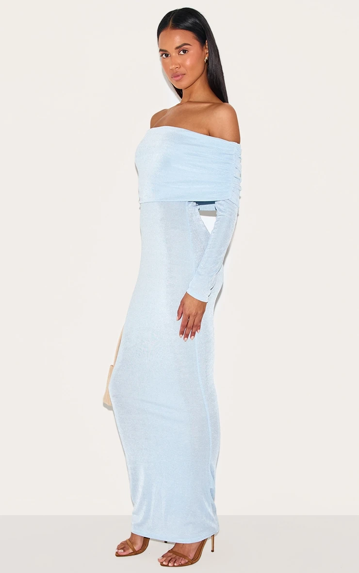 Prettylittlething Light Blue Acetate Slinky Bardot Long Sleeve Maxi Dress - Image 3