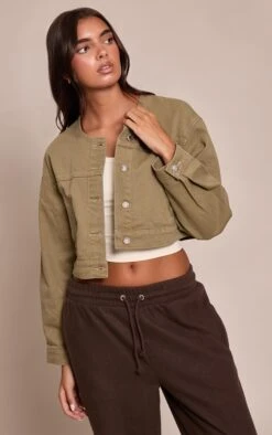 Prettylittlething Olive Collarless Cropped Denim Jacket