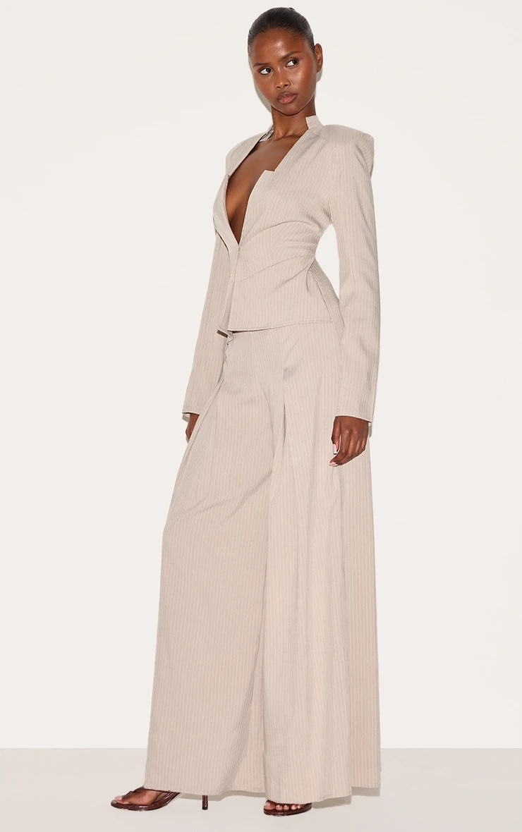 Prettylittlething Stone Pinstripe Shirt Detail Straight Leg Jumpsuit 3 Prettylittlething Stone Pinstripe Shirt Detail Straight Leg Jumpsuit - Image 3