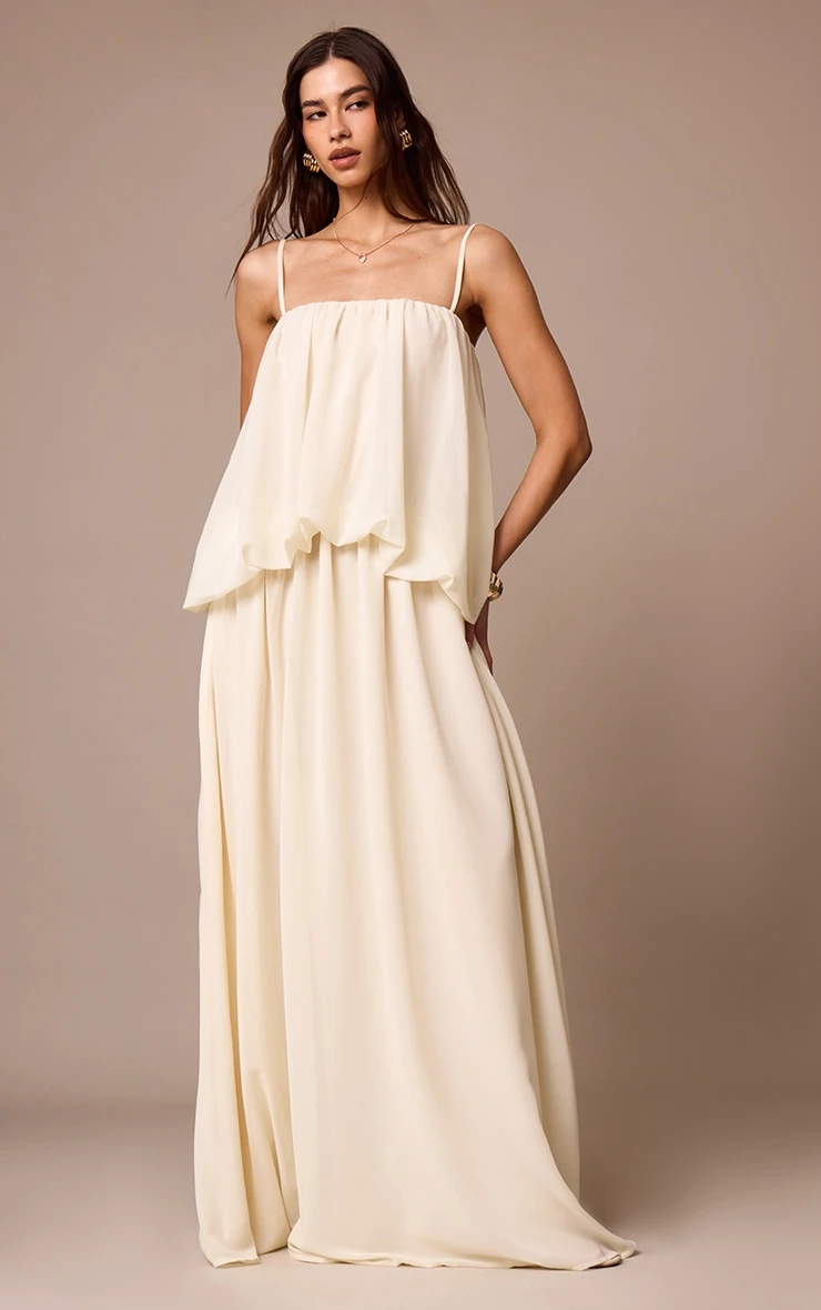 Prettylittlething Cream Chiffon Layered Puffball Maxi Dress 1 Prettylittlething Cream Chiffon Layered Puffball Maxi Dress
