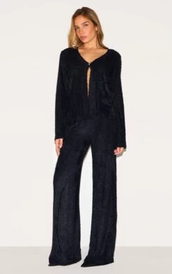 Prettylittlething Black Textured Wide Leg Low Rise Pants