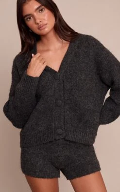 Grey Brushed Button Through Long Sleeve Cardigan