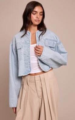 Prettylittlething Light Blue Curved Hem Cropped Denim Jacket