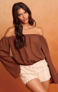 Prettylittlething Brown Chiffon Ruched Bardot Blouse -Pretty Little Thing Shop de097350d79c39d71a0ac585af2487ad604559ee CNN0250 4 brown chiffon ruched bardot blouse