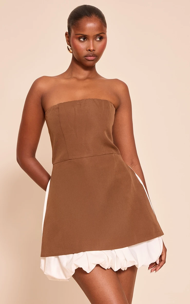 Chocolate Tailored Bandeau Puffball Hem Shift Dress 1 Chocolate Tailored Bandeau Puffball Hem Shift Dress