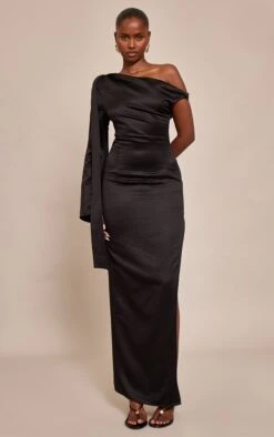 Prettylittlething Black Textured Woven Tie Shoulder Midaxi Dress