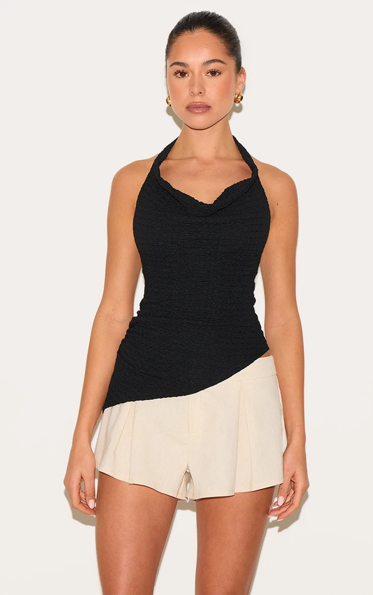 Prettylittlething Black Textured Cowl Neck Asymmetric Hem Long Top 1 Prettylittlething Black Textured Cowl Neck Asymmetric Hem Long Top