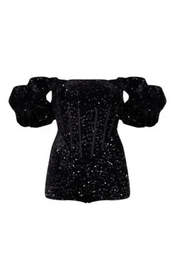 Black Velvet Sequin Puff Sleeve Romper -Pretty Little Thing Shop de7ebab780611b10d073fec9921e4aadfed765bd cnk6974 5