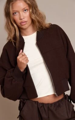 Prettylittlething Chocolate Ruched Sleeve Cropped Bomber Jacket