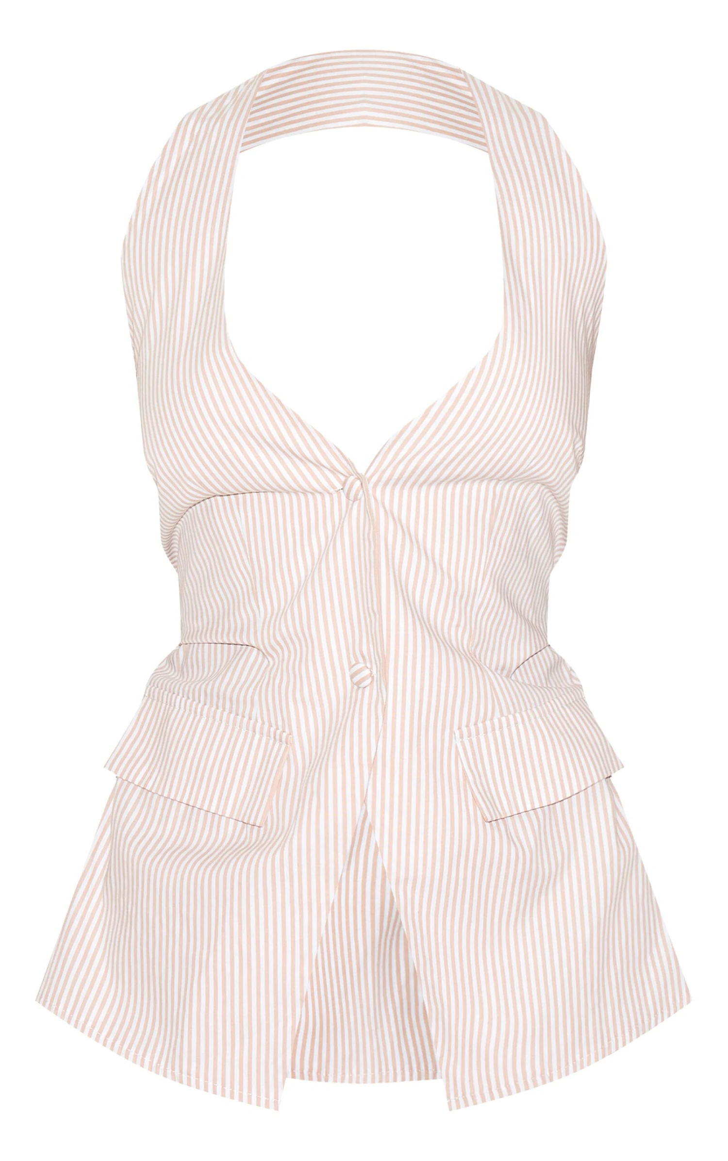 Prettylittlething Stone Pinstripe Halter Vest Tailored Romper 5 Prettylittlething Stone Pinstripe Halter Vest Tailored Romper - Image 5