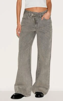 Prettylittlething Grey Asymmetrical Waistband Wide Leg Jeans