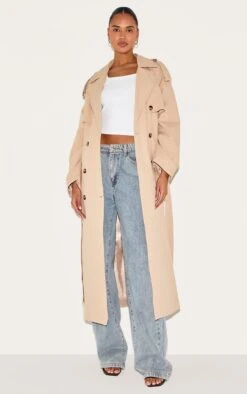 Prettylittlething Beige Belted Double Breasted Trench Coat