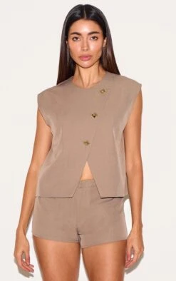 Prettylittlething Mushroom Gold Trim Oversized Vest