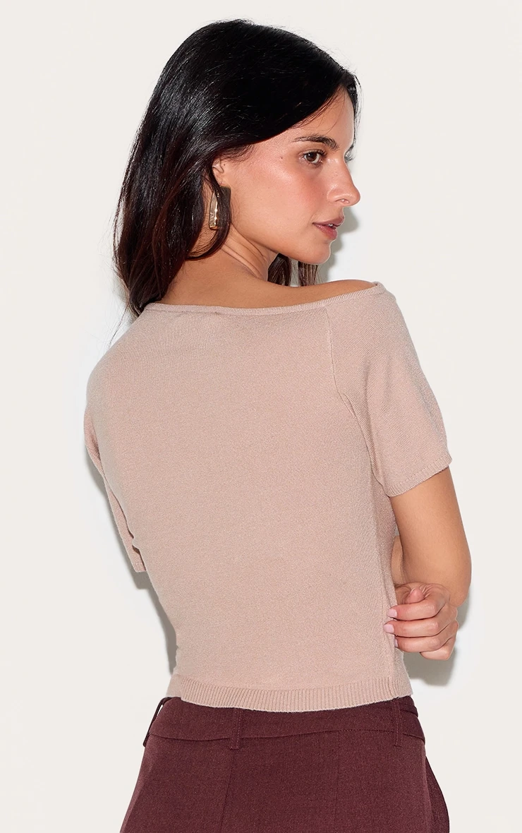 Prettylittlething Taupe Basic Knit Asymmetric Neckline Top 2 Prettylittlething Taupe Basic Knit Asymmetric Neckline Top - Image 2