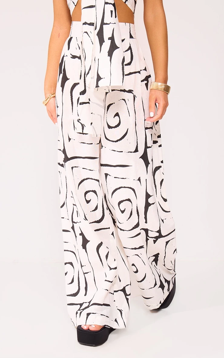 Monochrome Swirl Print Wide Leg Linen Look Pants 2 Monochrome Swirl Print Wide Leg Linen Look Pants - Image 2