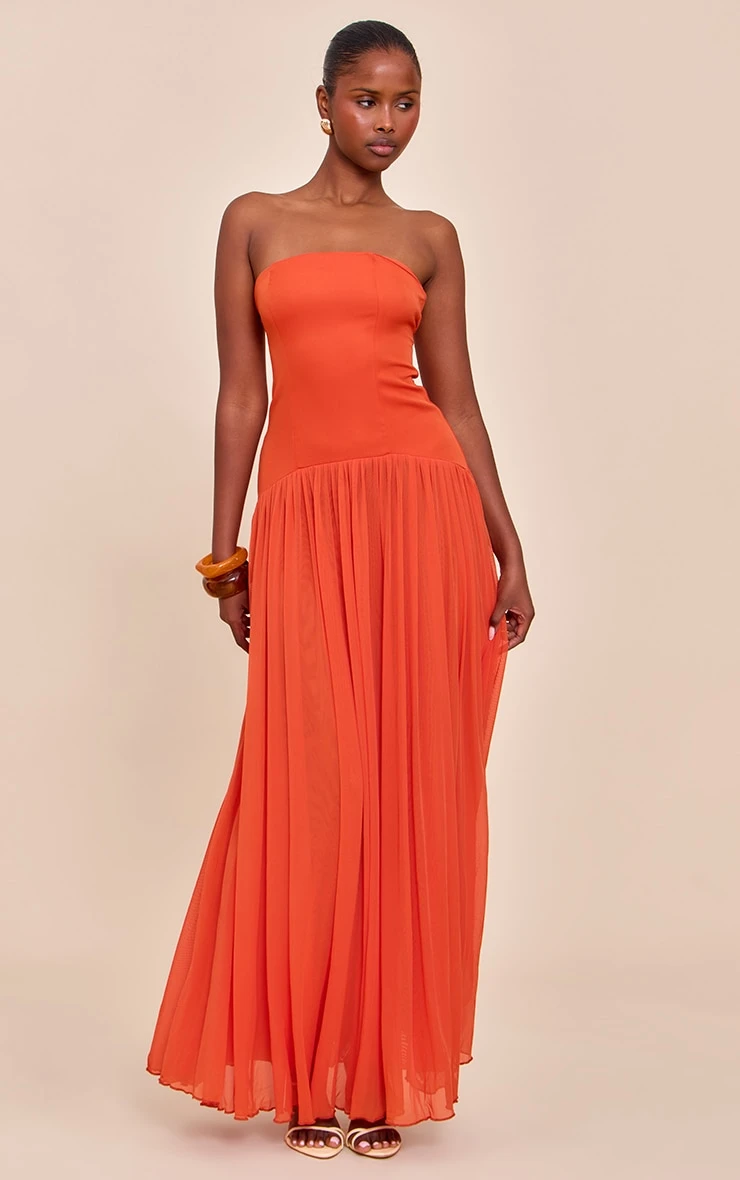 Prettylittlething Orange Bandeau Chiffon Pleated Maxi Dress 1 Prettylittlething Orange Bandeau Chiffon Pleated Maxi Dress