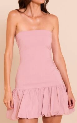 Prettylittlething Blush Stretch Woven Bandeau Puffball Dress -Pretty Little Thing Shop df3bd64ebab66fa9e033f78720a55fe5ff9ab3eb CNN5431 4 blush stretch woven bandeau puffball dress