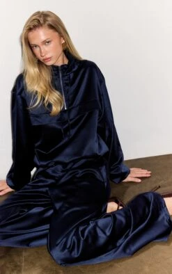 Prettylittlething Navy Satin Wide Leg Pants