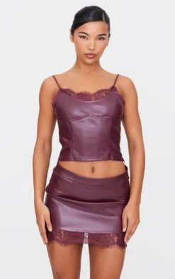 Prettylittlething Burgundy Matte Faux Leather Lace Trim Cami Top