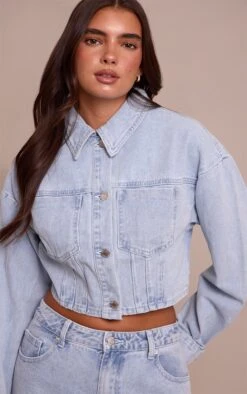 Prettylittlething Light Blue Balloon Sleeve Cropped Denim Jacket